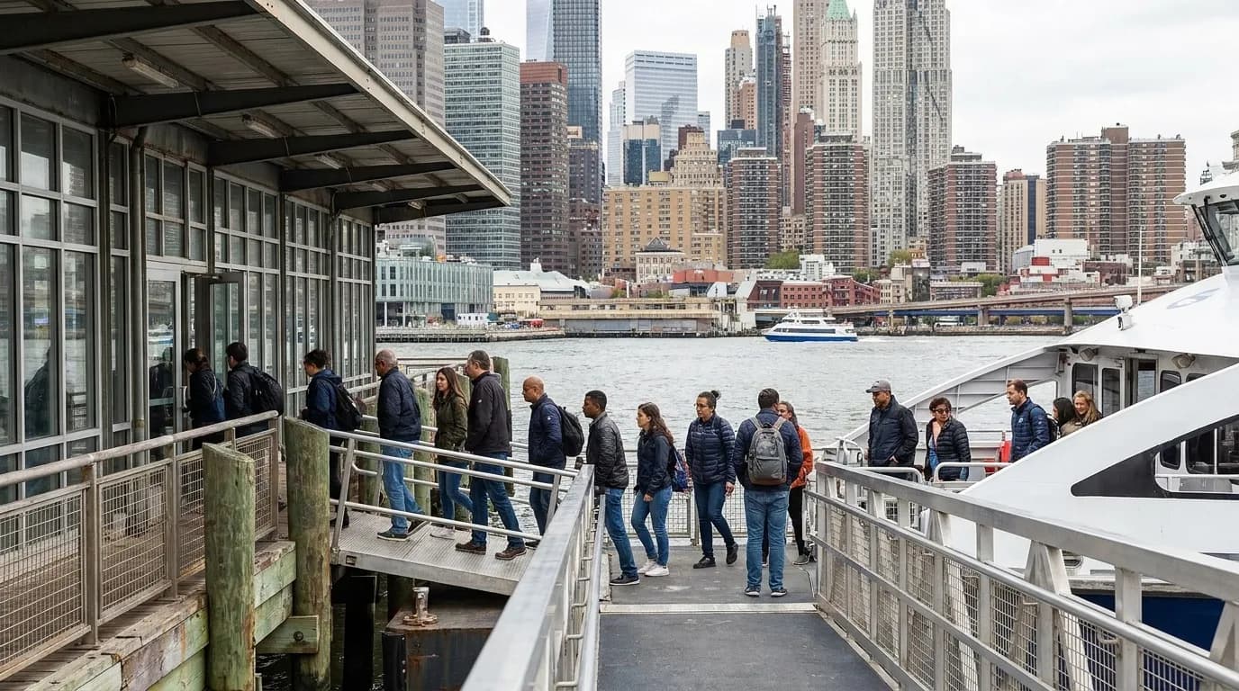 Passengers boarding an NYC Ferry at a landing pier with the city skyline visible