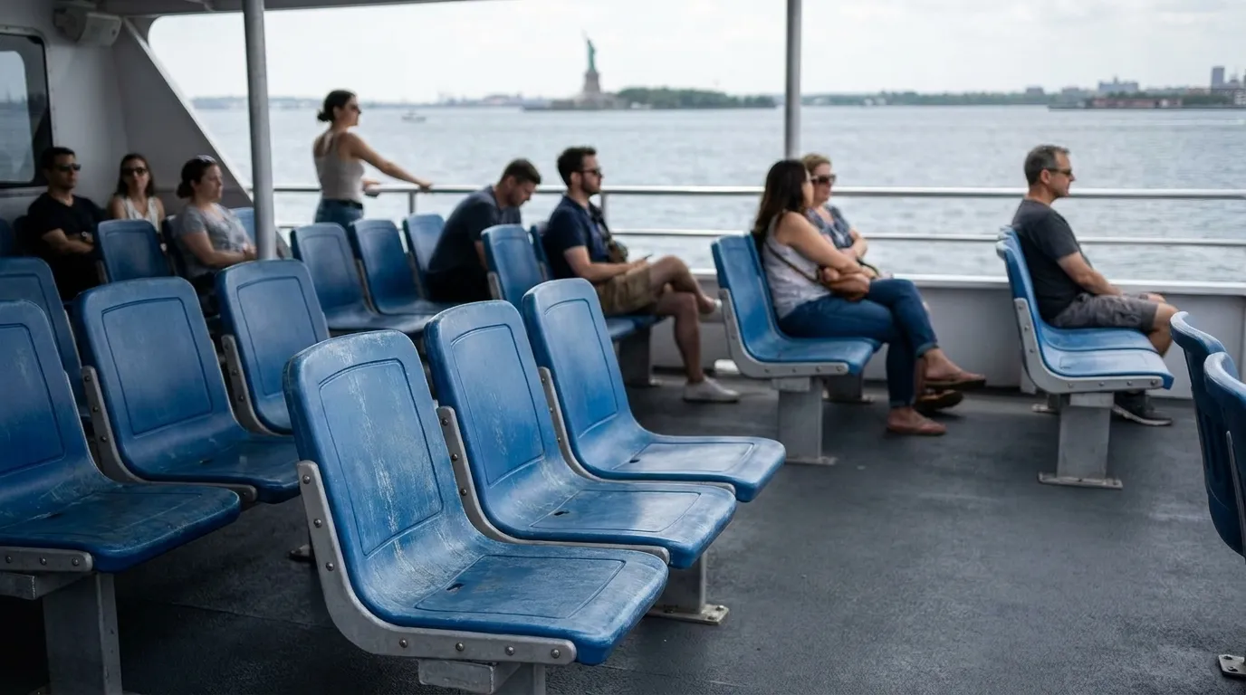 Outdoor deck seating on an NYC Ferry with passengers and open water view