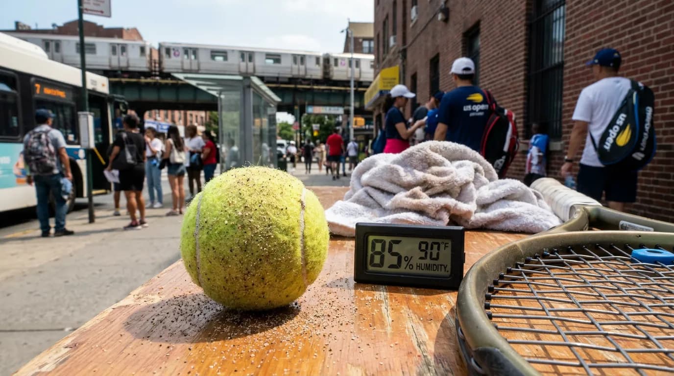 Photorealistic US Open tennis scene for How US Open Ball Speed Changes Match Tactics.