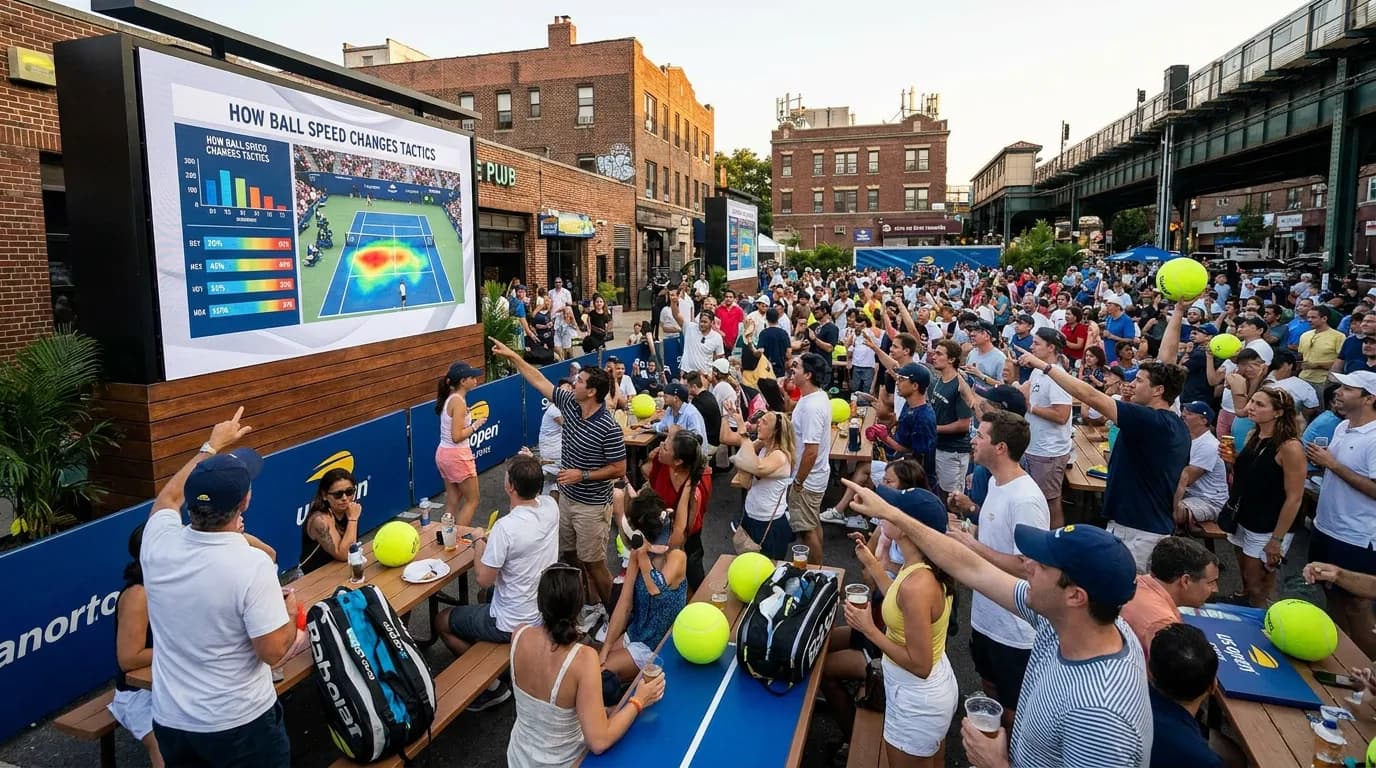 Bright US Open tennis atmosphere illustrating How US Open Ball Speed Changes Match Tactics.
