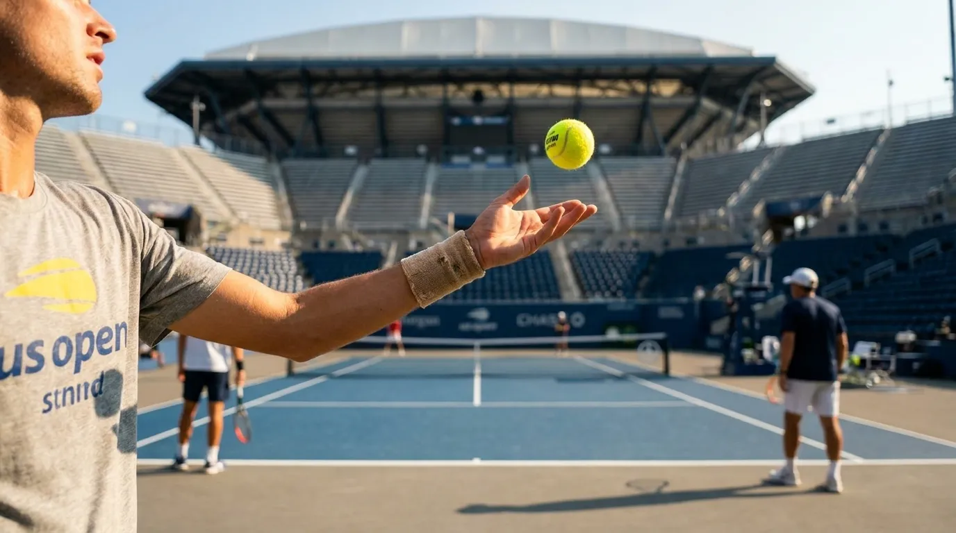 Bright editorial scene supporting How Wind Patterns Change Serving Inside Arthur Ashe Stadium.