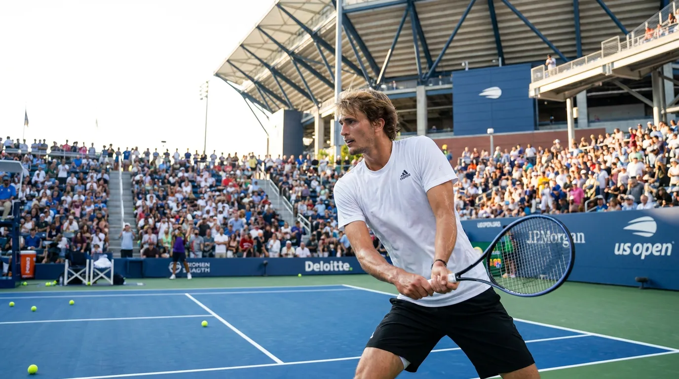 Photorealistic US Open tennis scene for How Zverev Manages Diabetes During the Demanding US Open.