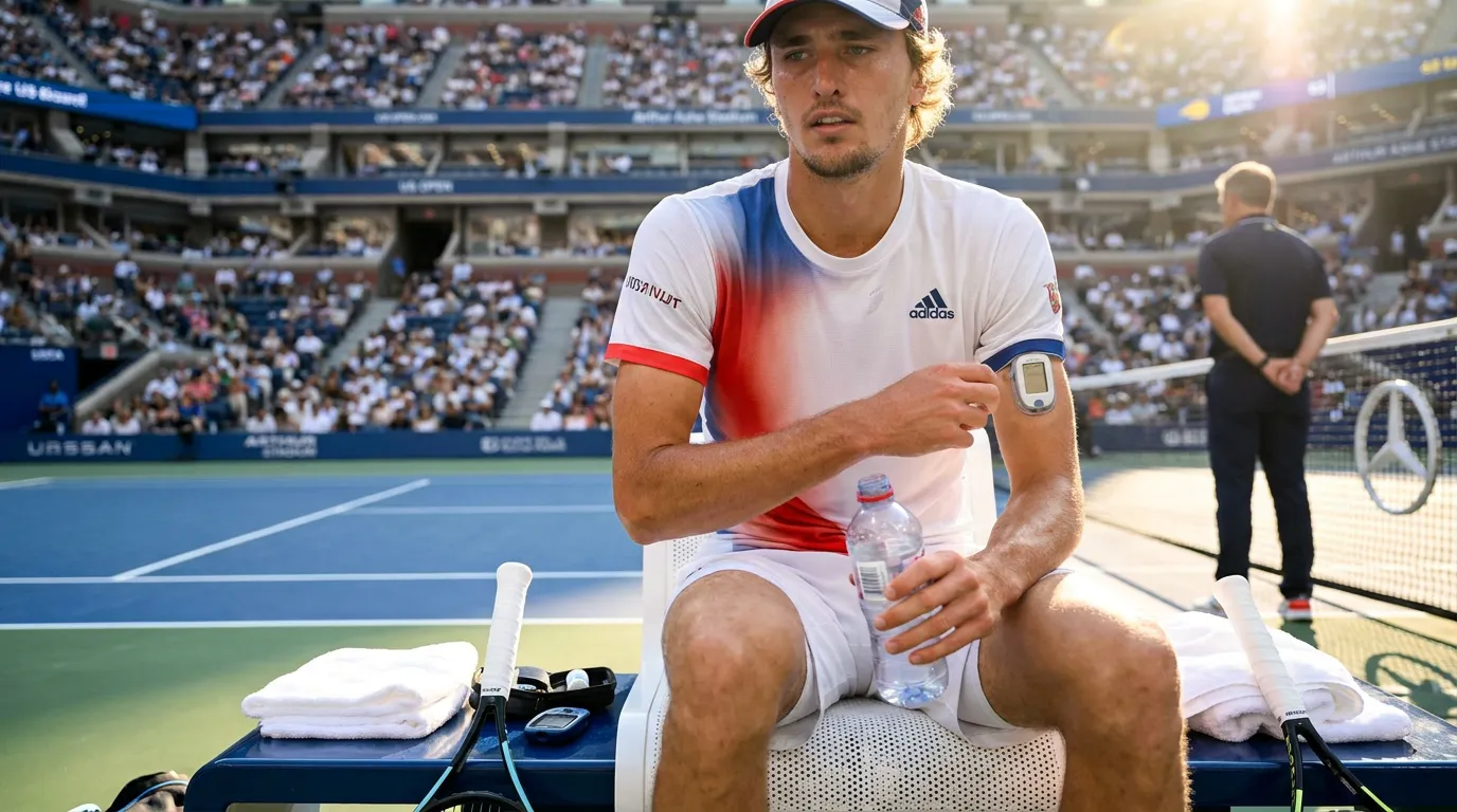 Photorealistic tennis scene illustrating How Zverev Manages Diabetes During the Demanding US Open.