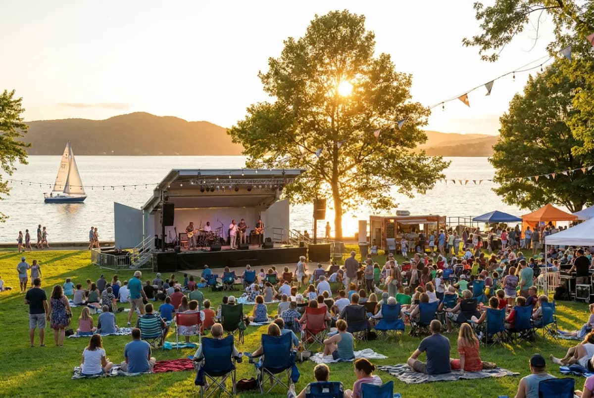 An outdoor summer music festival on a riverside park lawn beside the Hudson River, a stage and a relaxed crowd on blankets at early evening