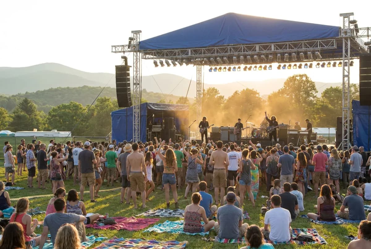 A Hudson Valley summer music festival with an audience standing and on blankets in front of an open-air stage at golden hour