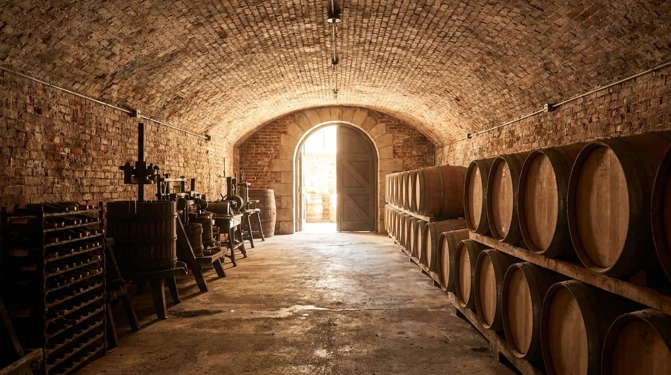 Brotherhood Winery stone cellars and wine barrels in Washingtonville, Hudson Valley