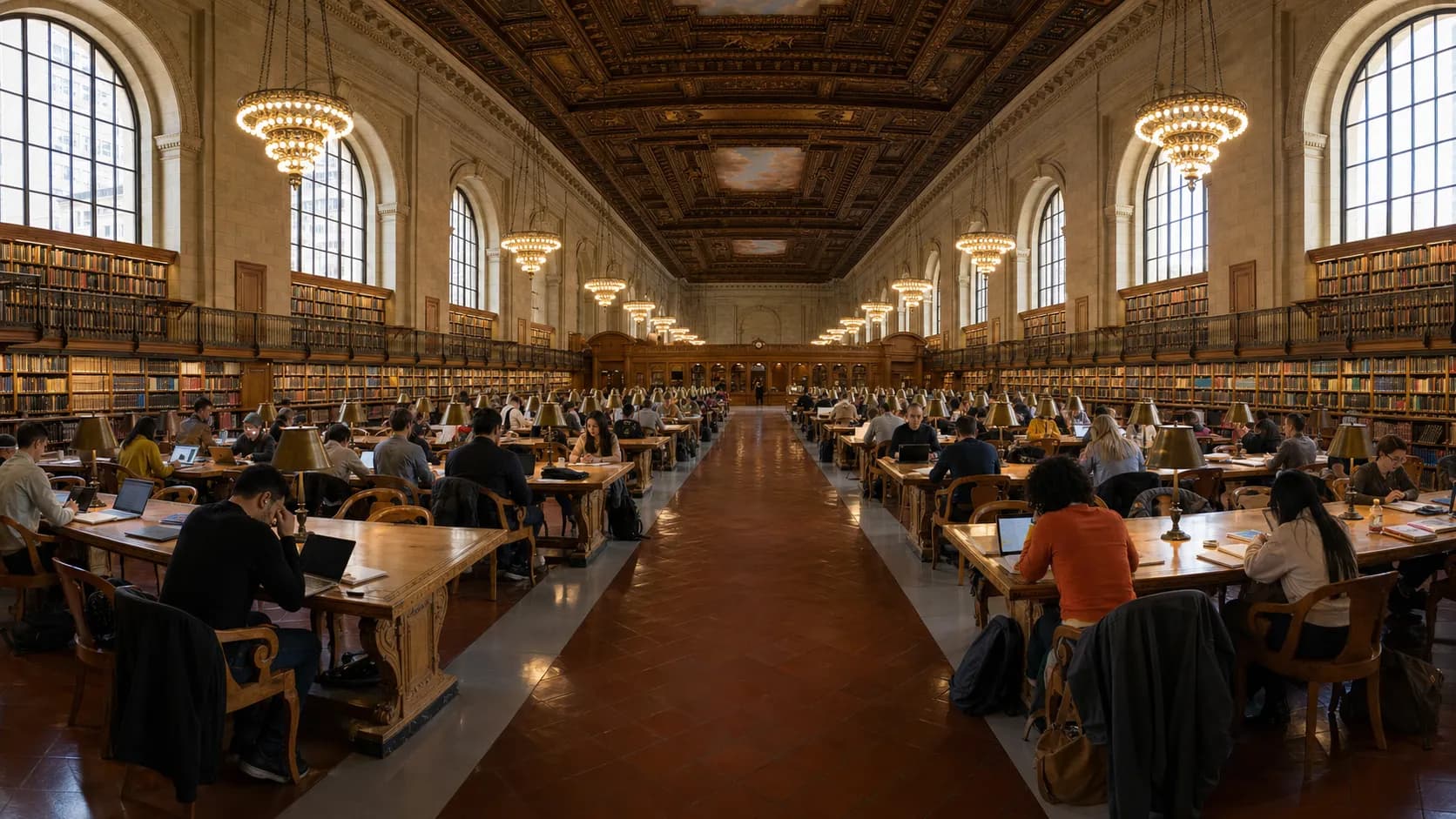 Adult learners study with laptops and notebooks inside a grand New York City library reading room.
