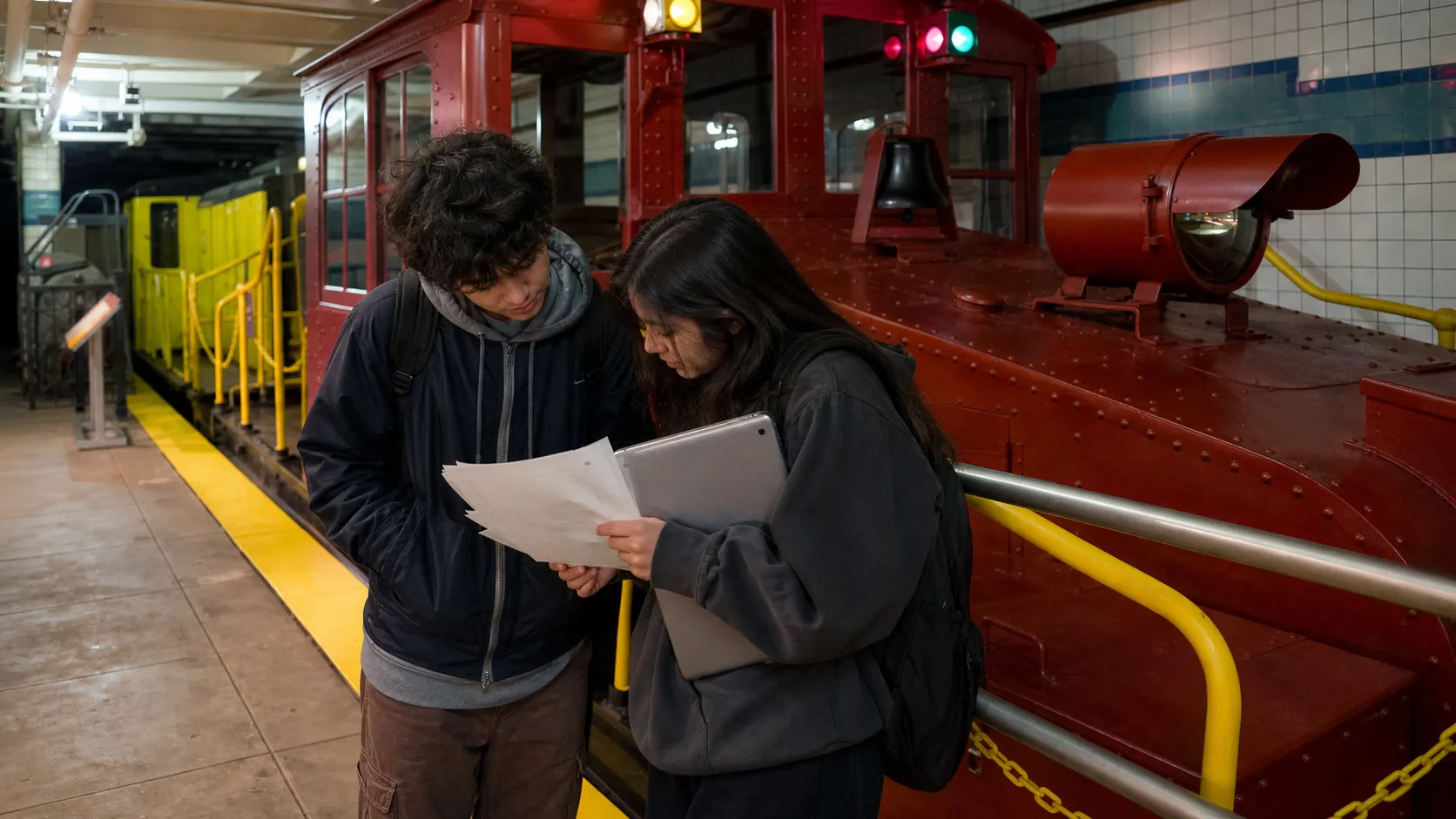 Students review notes with a closed laptop while waiting on a New York City subway platform.
