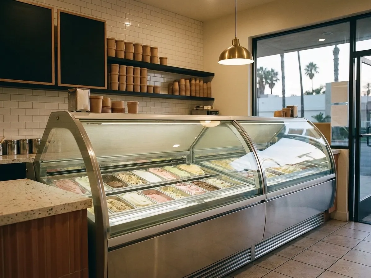 A quiet Los Angeles gelateria interior at dusk, a long curved-glass case of pastel gelato pans lit by a single brass pendant lamp