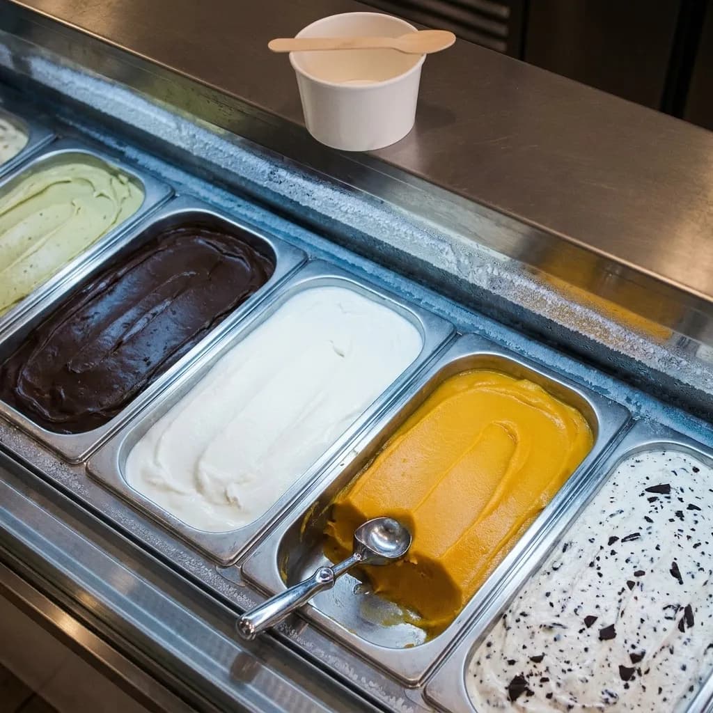 Close-up of five stainless pans of naturally coloured gelato and sorbetto swept flat in the modern Italian style, with a chrome scoop resting in one pan