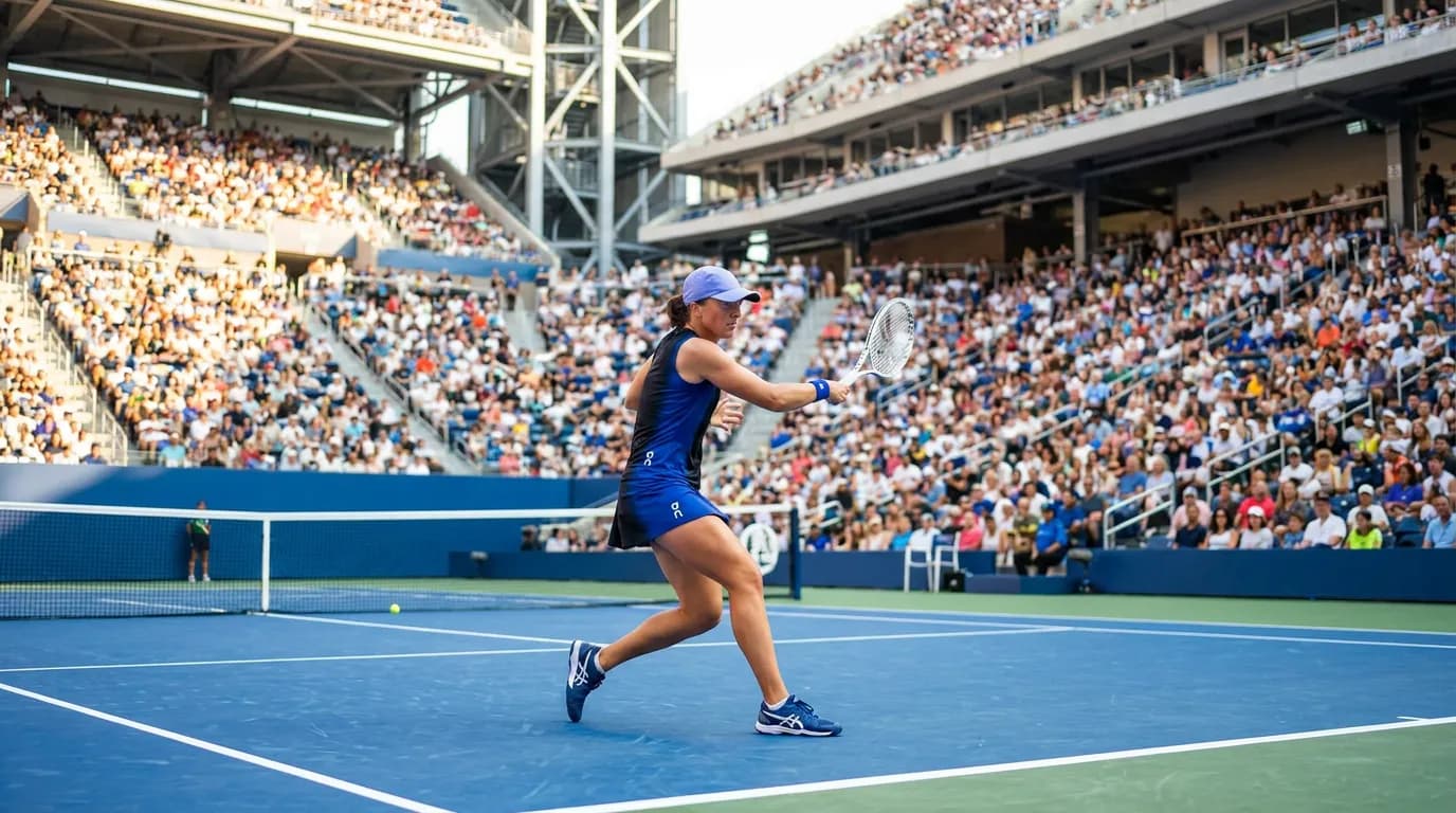 Photorealistic US Open tennis scene for Iga Swiatek’s Biggest Tactical Challenge at the US Open.