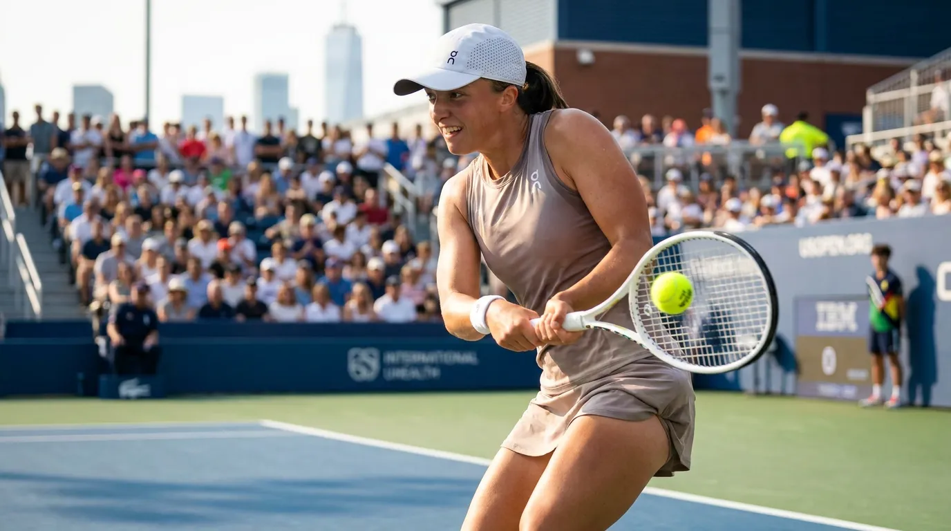Photorealistic tennis scene illustrating Iga Swiatek’s Biggest Tactical Challenge at the US Open.