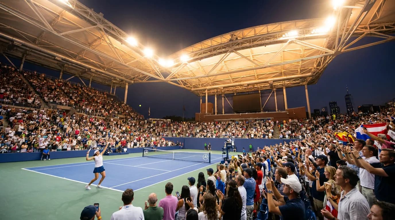Bright US Open tennis atmosphere illustrating Iga Swiatek’s Biggest Tactical Challenge at the US Open.
