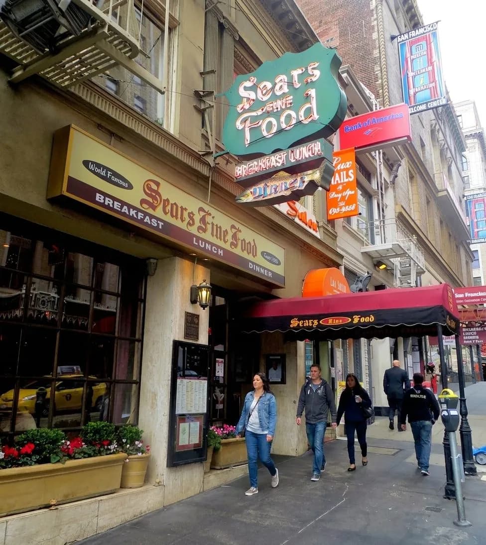 Classic downtown diner storefront on a busy San Francisco street