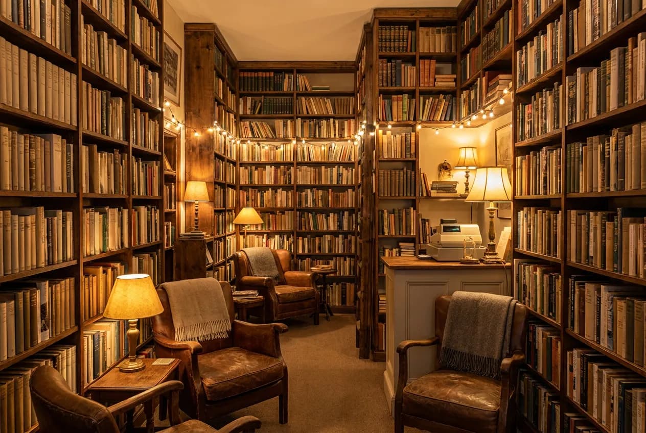 A cozy independent bookstore interior with tall wooden shelves, warm lighting and a small counter