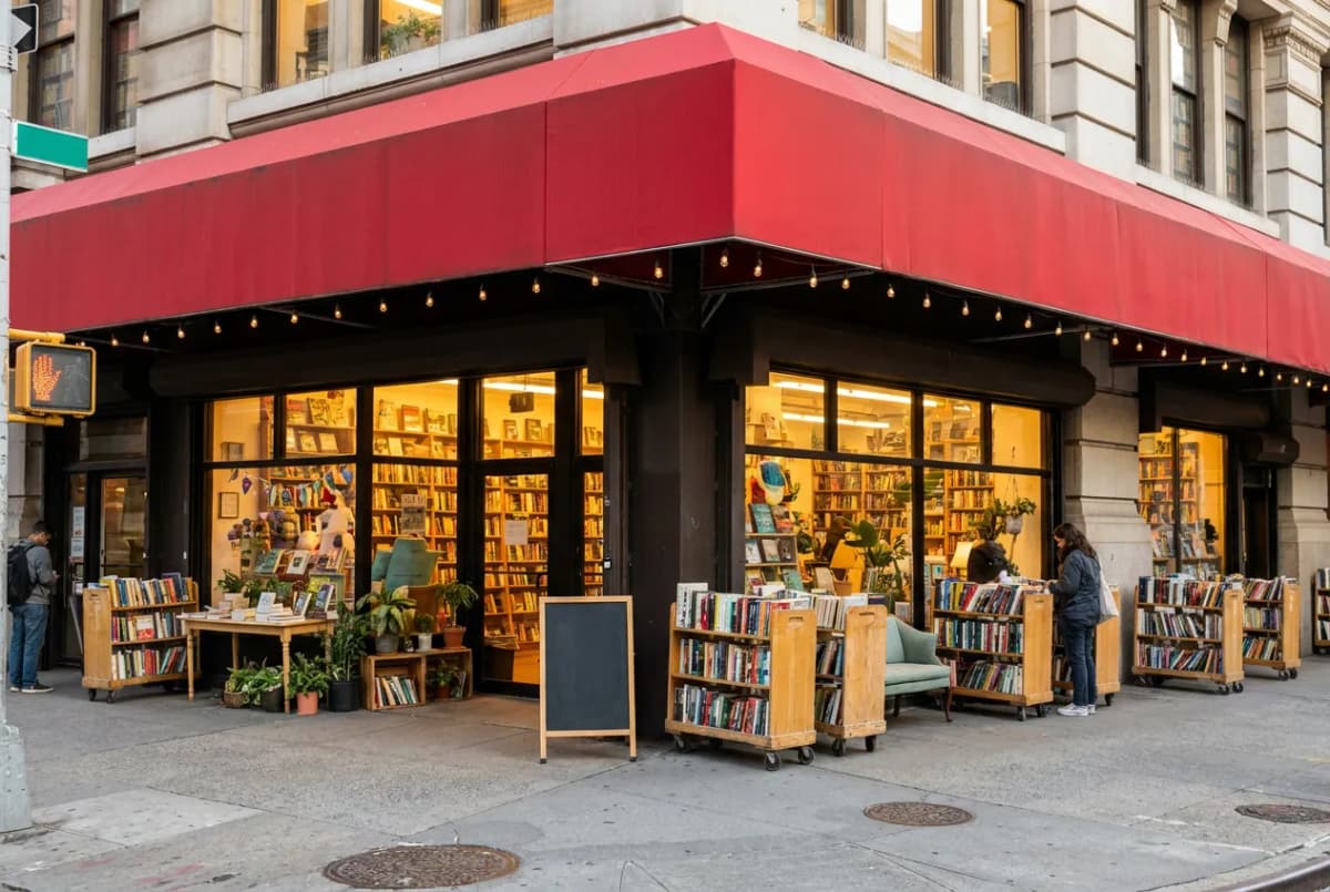 A small independent bookshop storefront with warm window light and a chalkboard sign, inviting and community-oriented