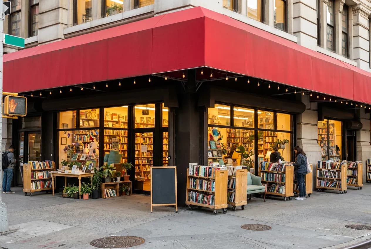 A small independent bookshop storefront with warm window light and a chalkboard sign, inviting and community-oriented