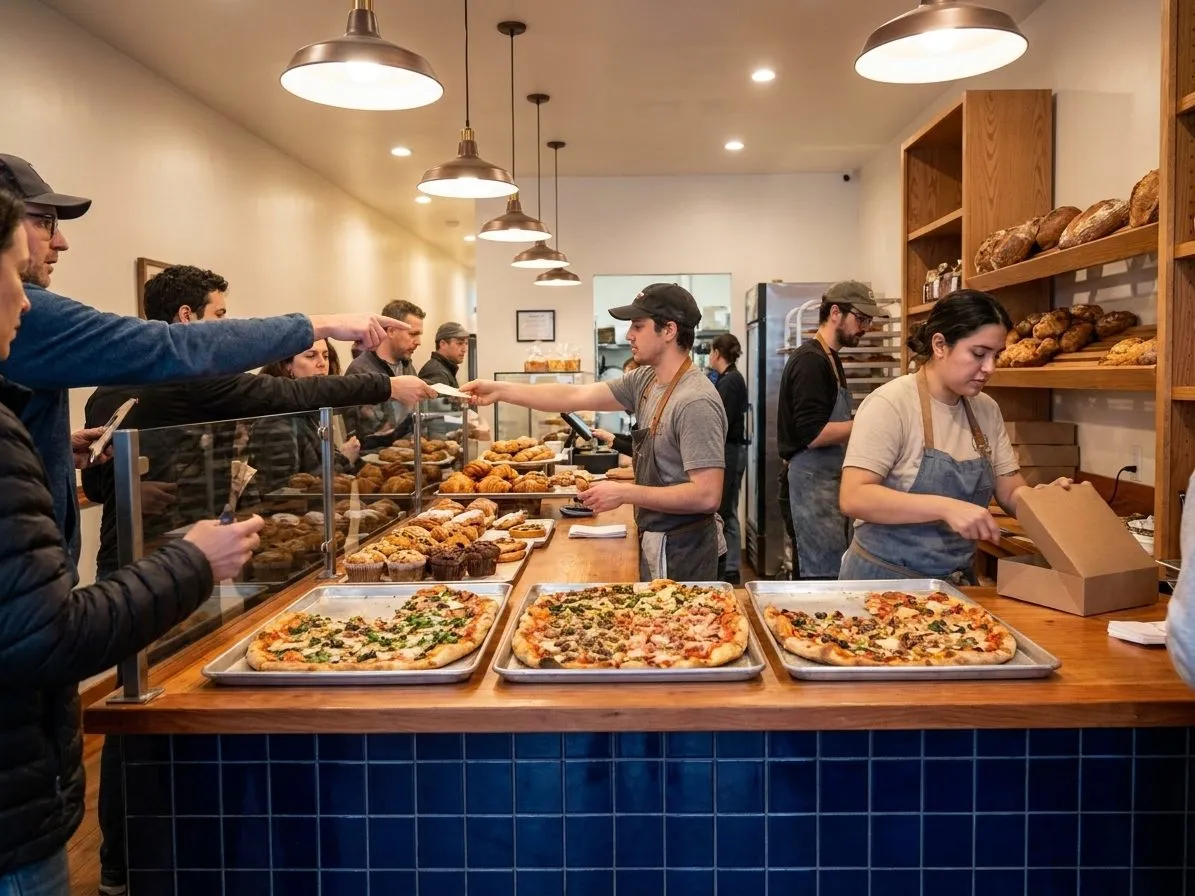 Busy bakery counter with savory slices in the Inner Sunset