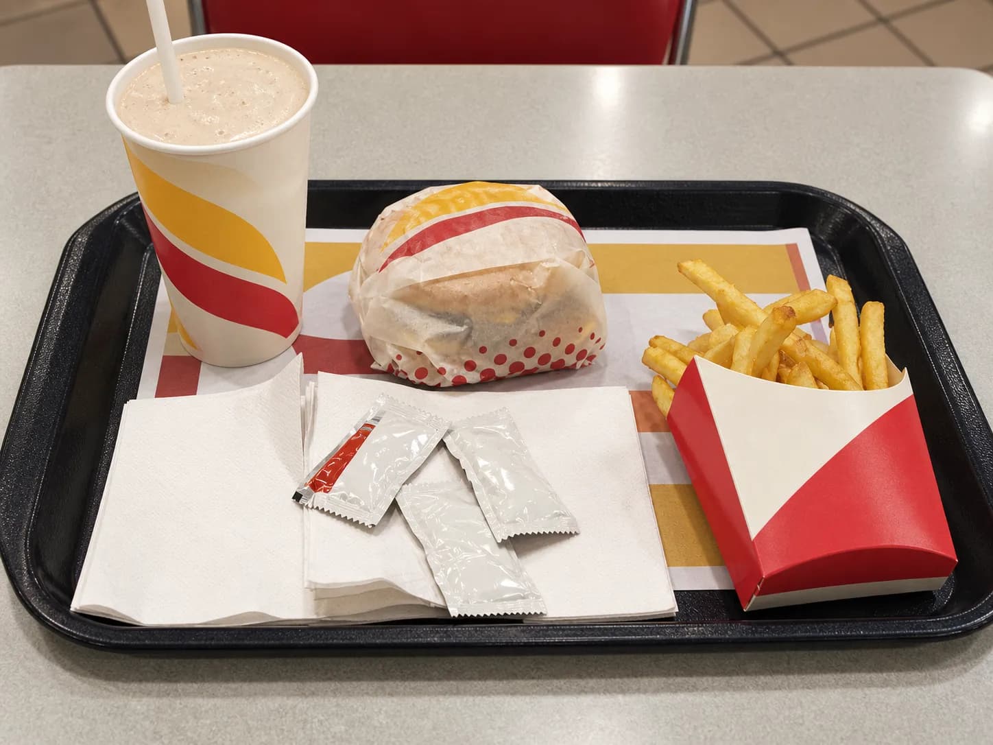 Double cheeseburger in a folded paper wrapper beside a carton of fresh-cut fries and a tall milkshake on a moulded tray with a paper liner