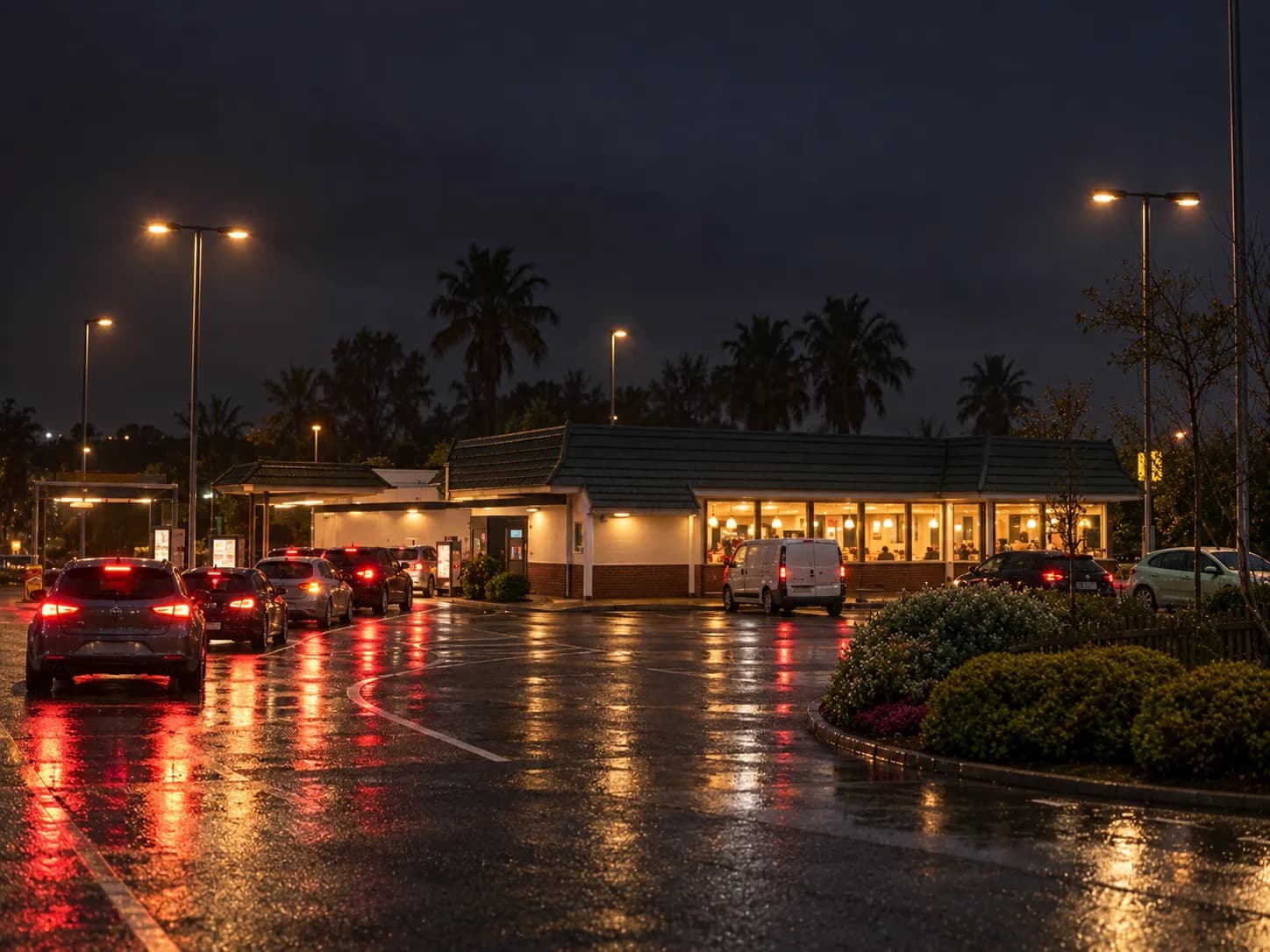 Fast-food restaurant at night with a queue of cars curving through the drive-thru lane and warm light spilling from the dining room