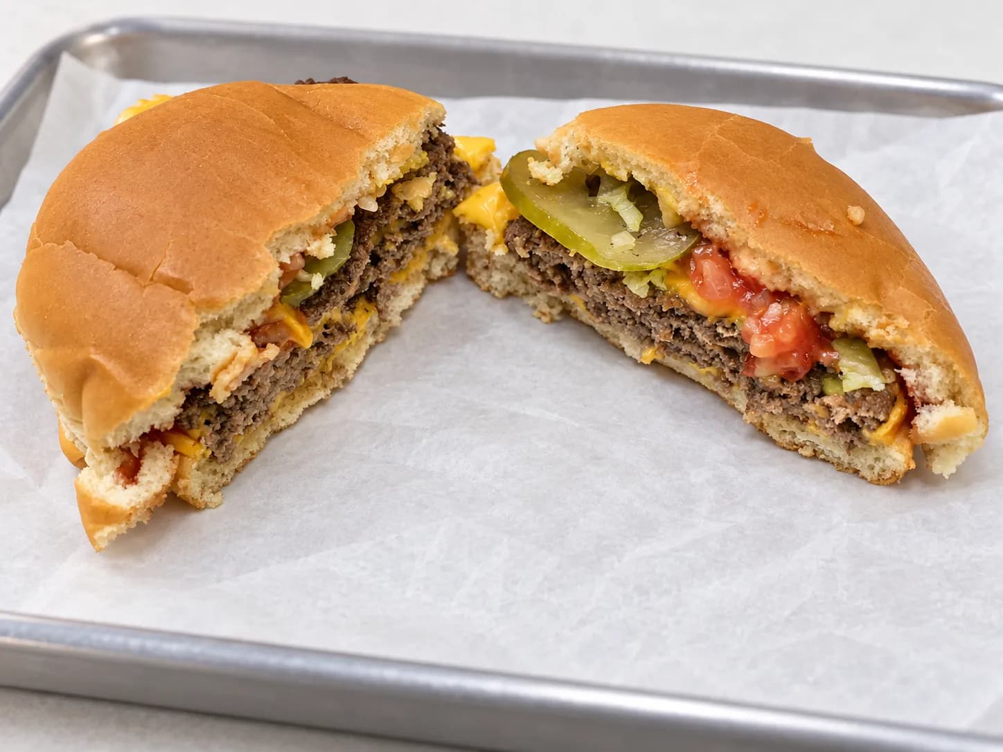 Double cheeseburger cut in half on wax paper, two thin griddled patties with melted cheese between them and lettuce and tomato at the cut face