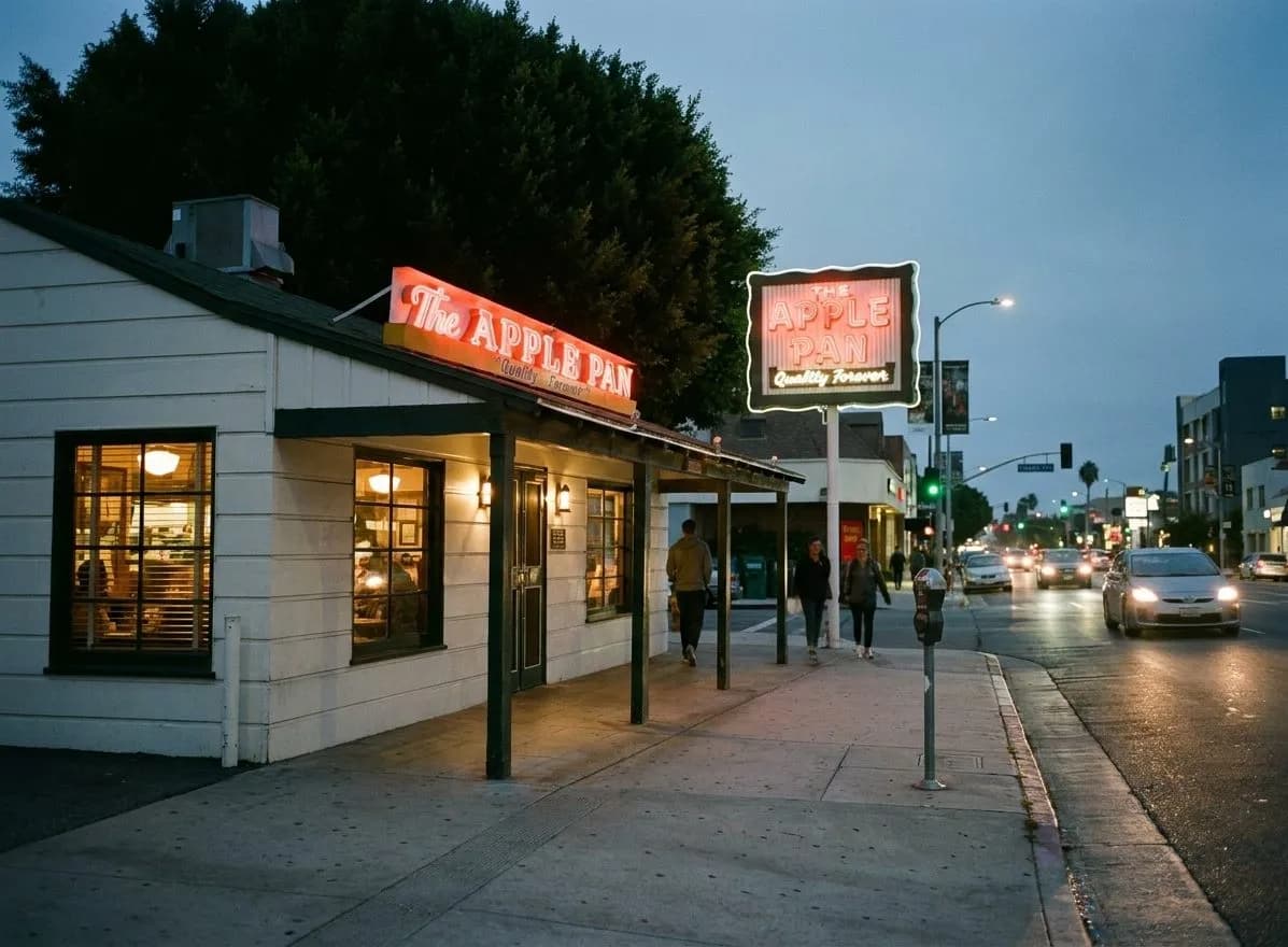 The Apple Pan glowing at dusk in West LA