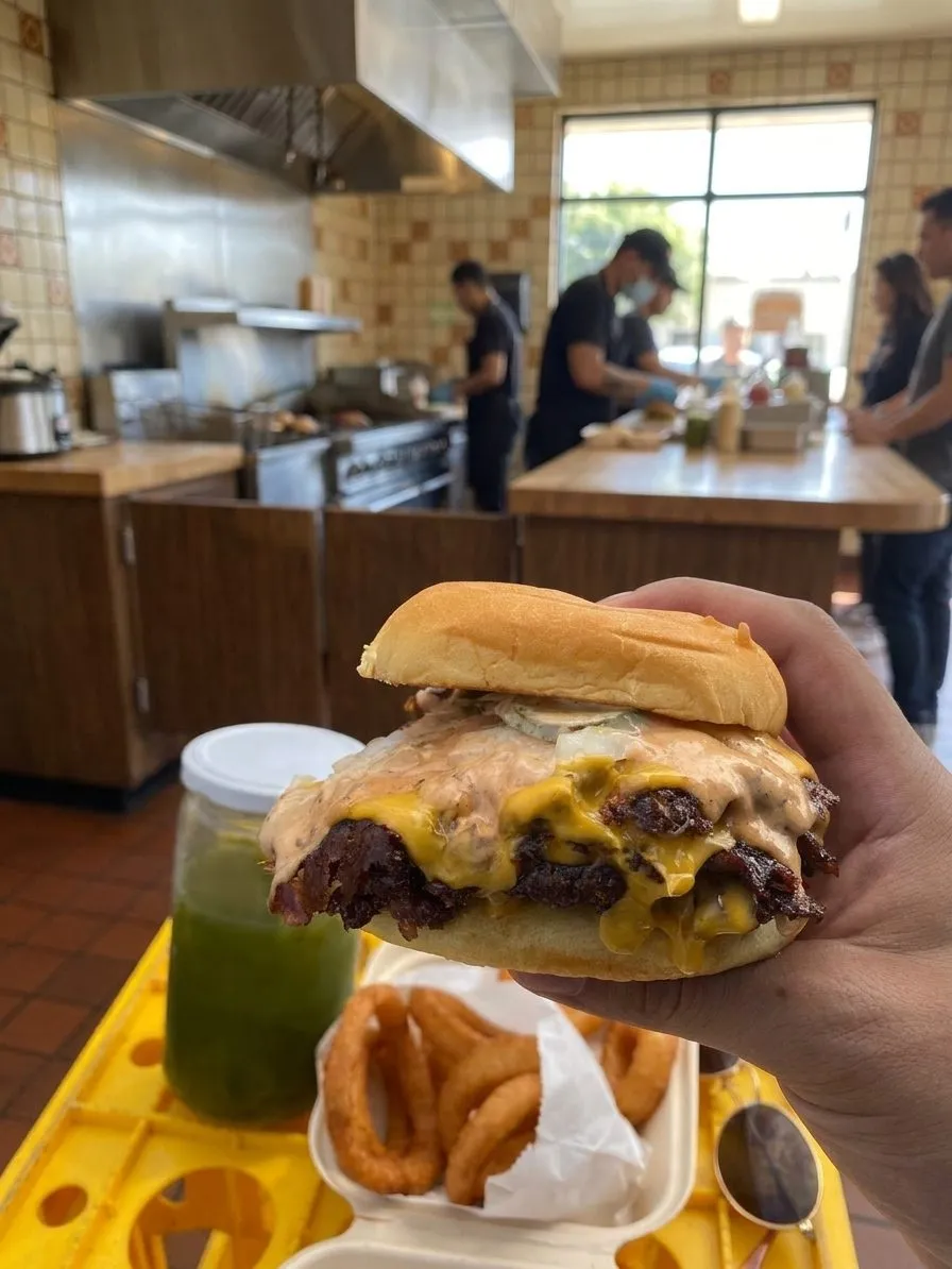 A smash burger and fries on a tray in Los Angeles