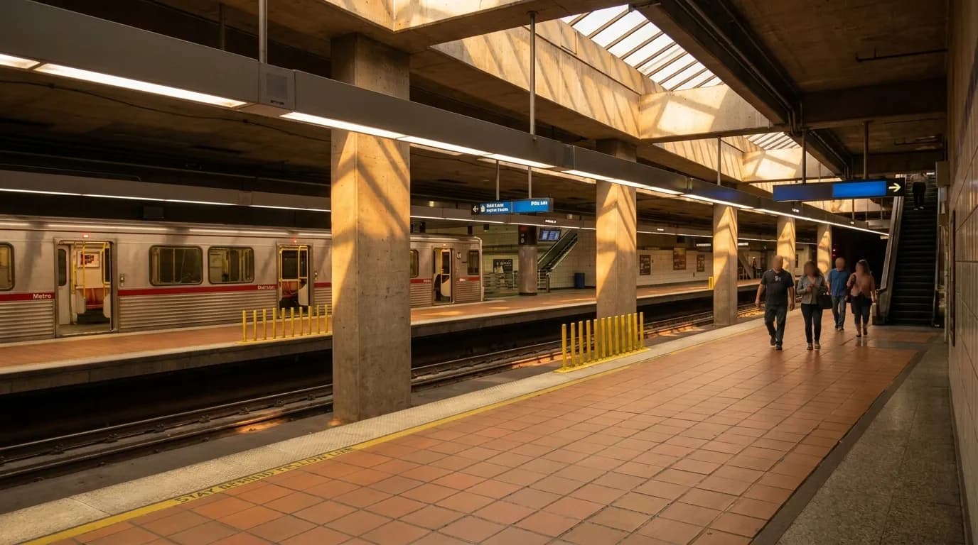 The 7th Street Metro Center station platform with directional signs and commuters, connecting directly to the Bloc in downtown Los Angeles