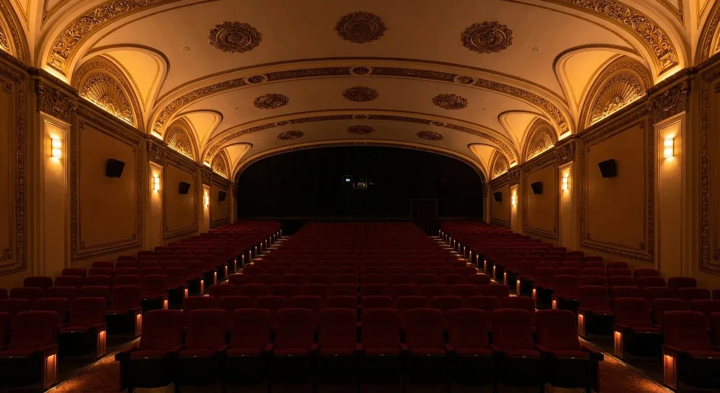 Rows of reserved theater seats inside Alamo Drafthouse New Mission with subdued lighting and art deco architectural details