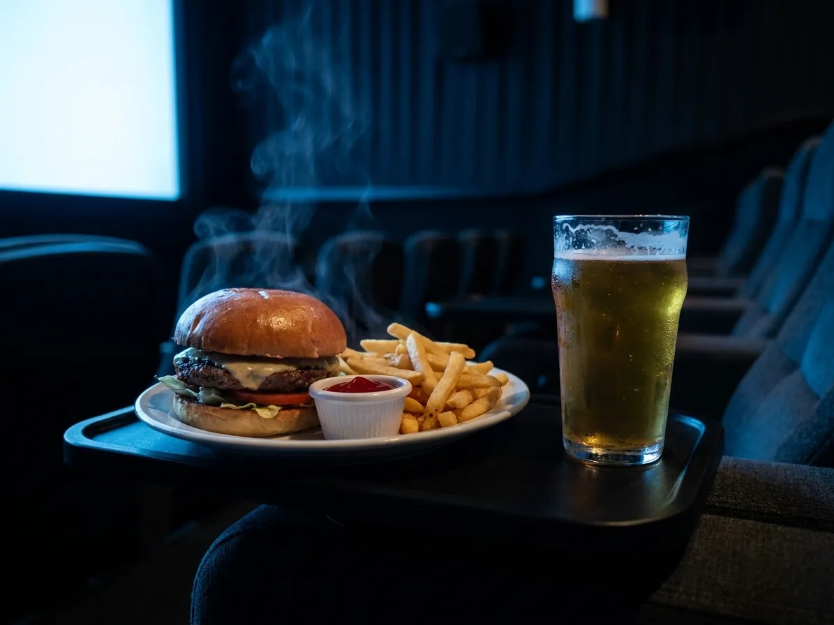 Burger and craft beer served on a tray at a movie theater seat with low ambient lighting