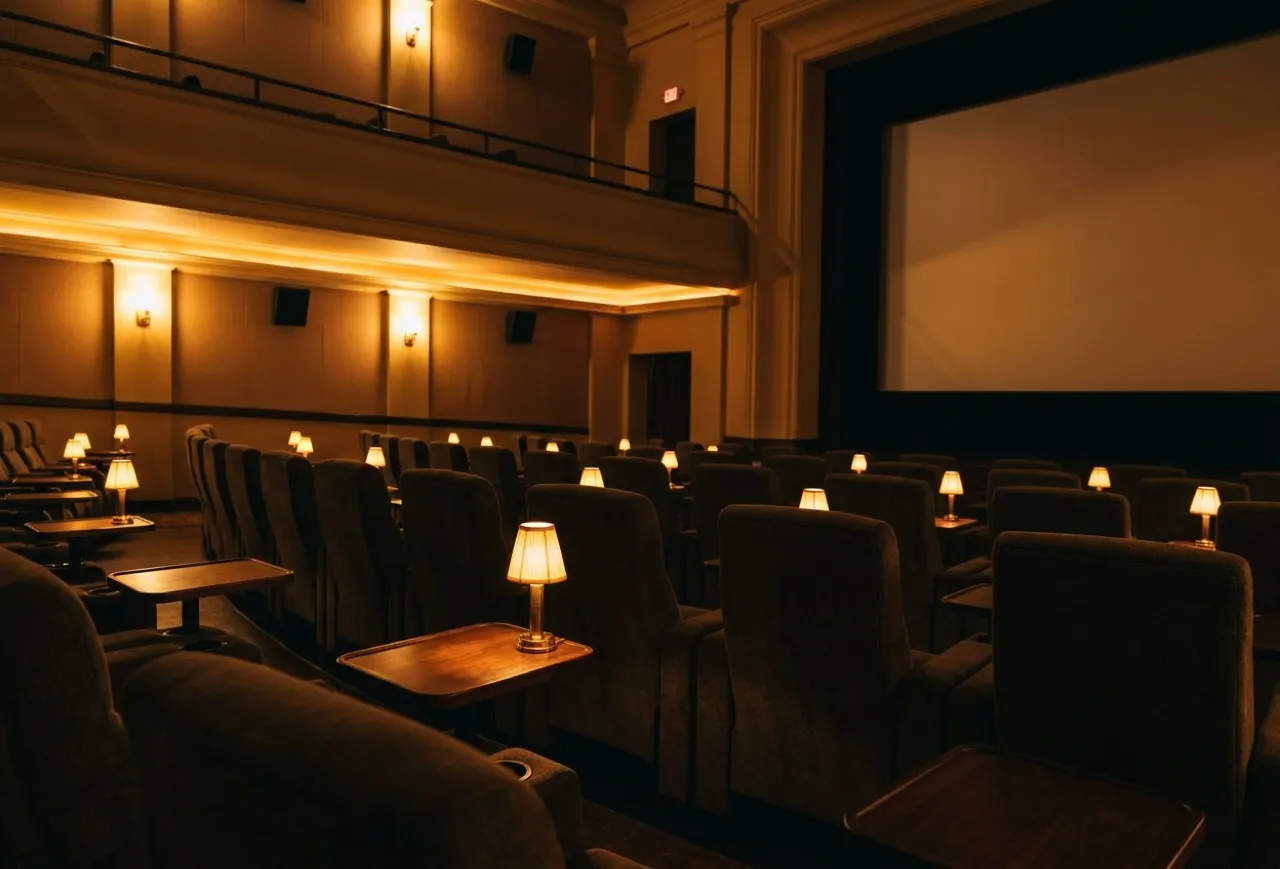 Movie theater auditorium with reserved seating and in-seat tables under low ambient lighting