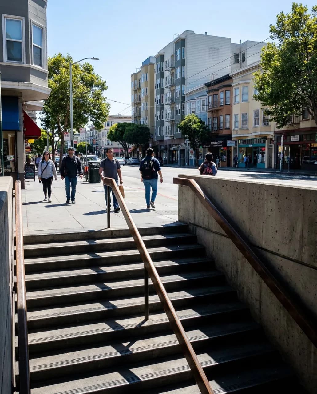 BART station entrance on Mission Street with pedestrians and neighborhood buildings