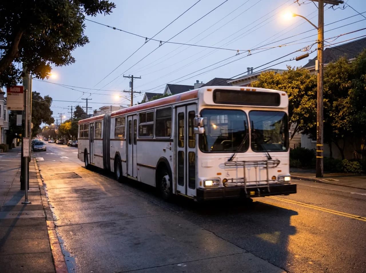 Muni bus traveling along Geary Boulevard at night in San Francisco