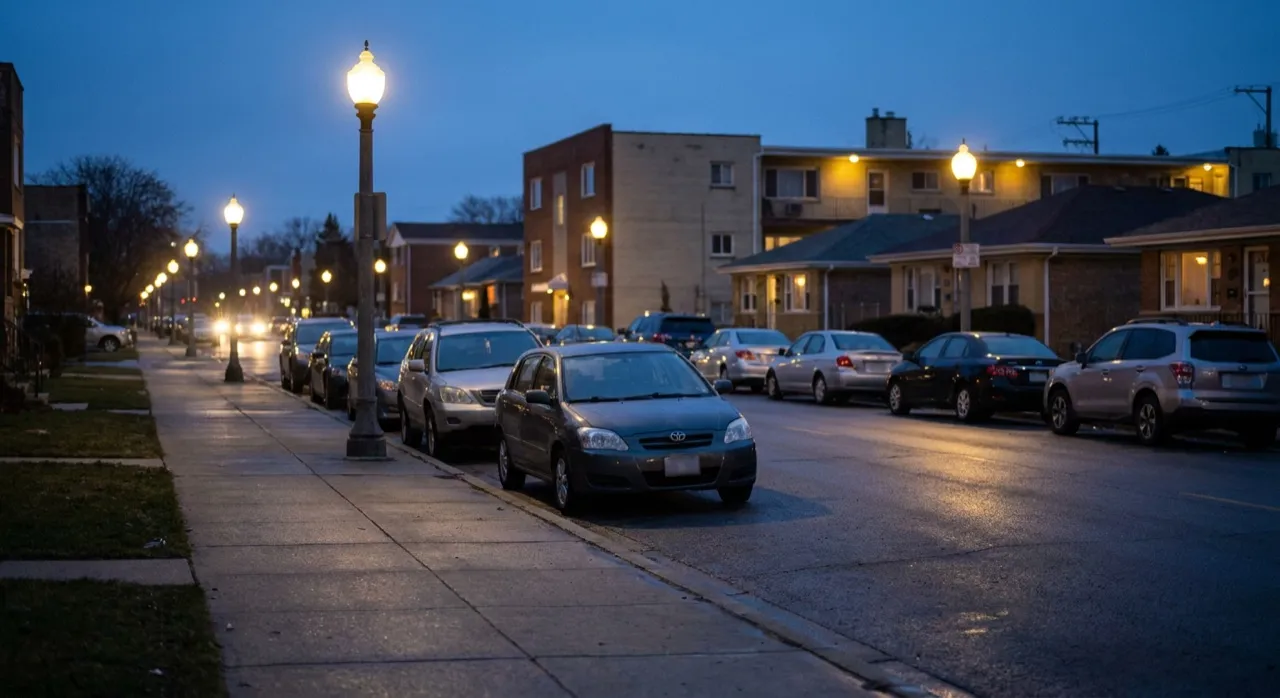 Formosa Avenue north of Beverly at dusk, unrestricted parking spaces, single figure walking toward theater marquee.
