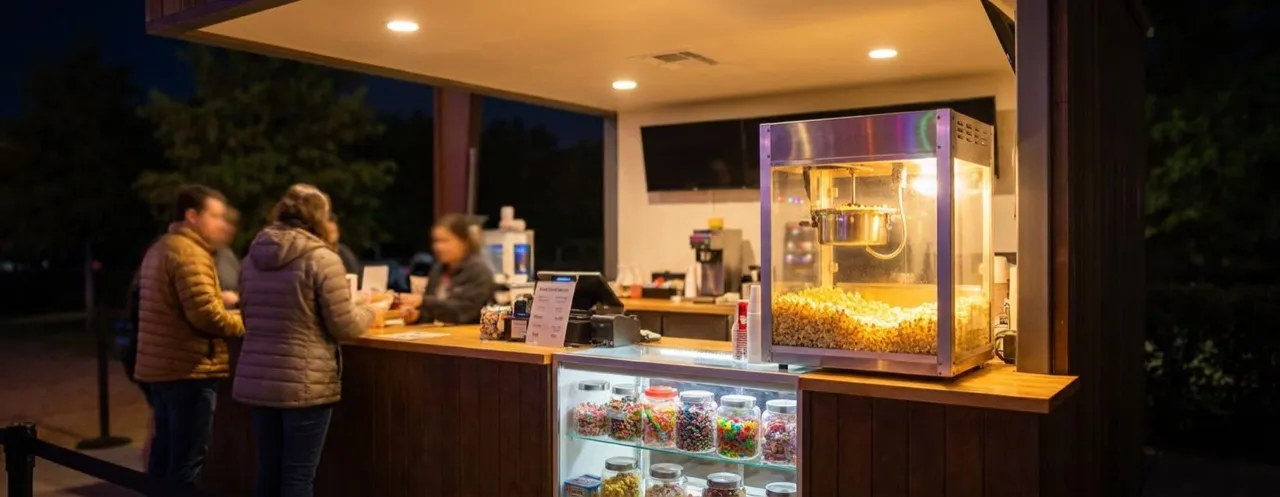 New Beverly ticket booth, single stub and cash on counter, tungsten booth light, shallow focus, no queue.
