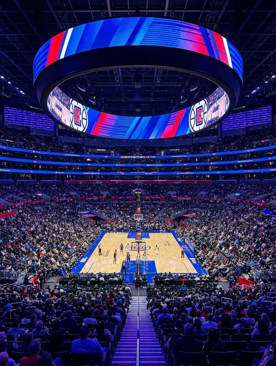 Wide interior view of Intuit Dome showing the massive 360-degree halo screen suspended above the basketball court with seating bowls rising steeply on all sides