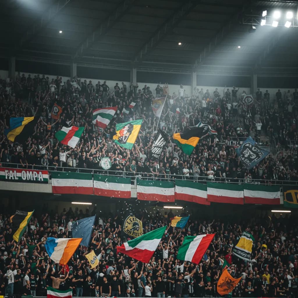 Colorful flags wave in a dense stadium crowd at the World Cup