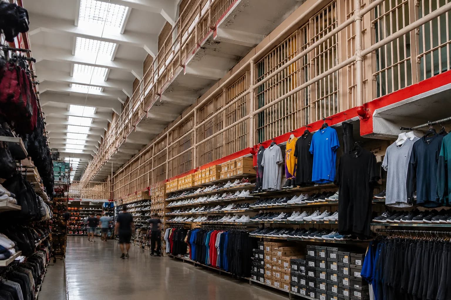 Interior aisle of a sporting goods store with shoe racks and shelves