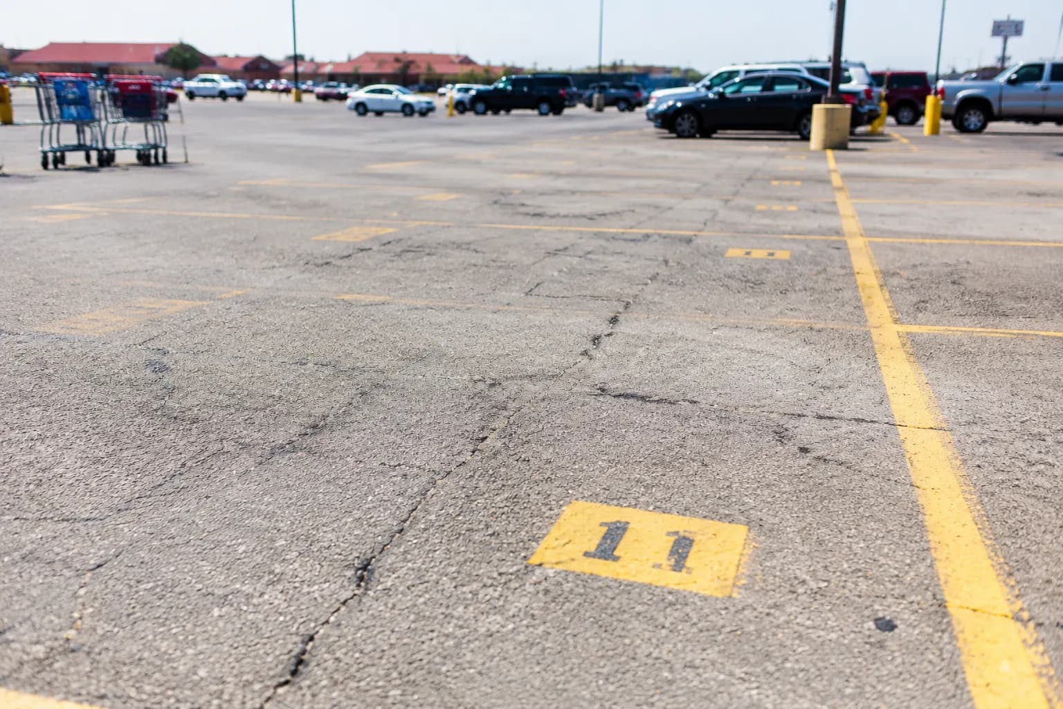 Wide asphalt parking lot with painted lines and parked cars under midday Miami sun
