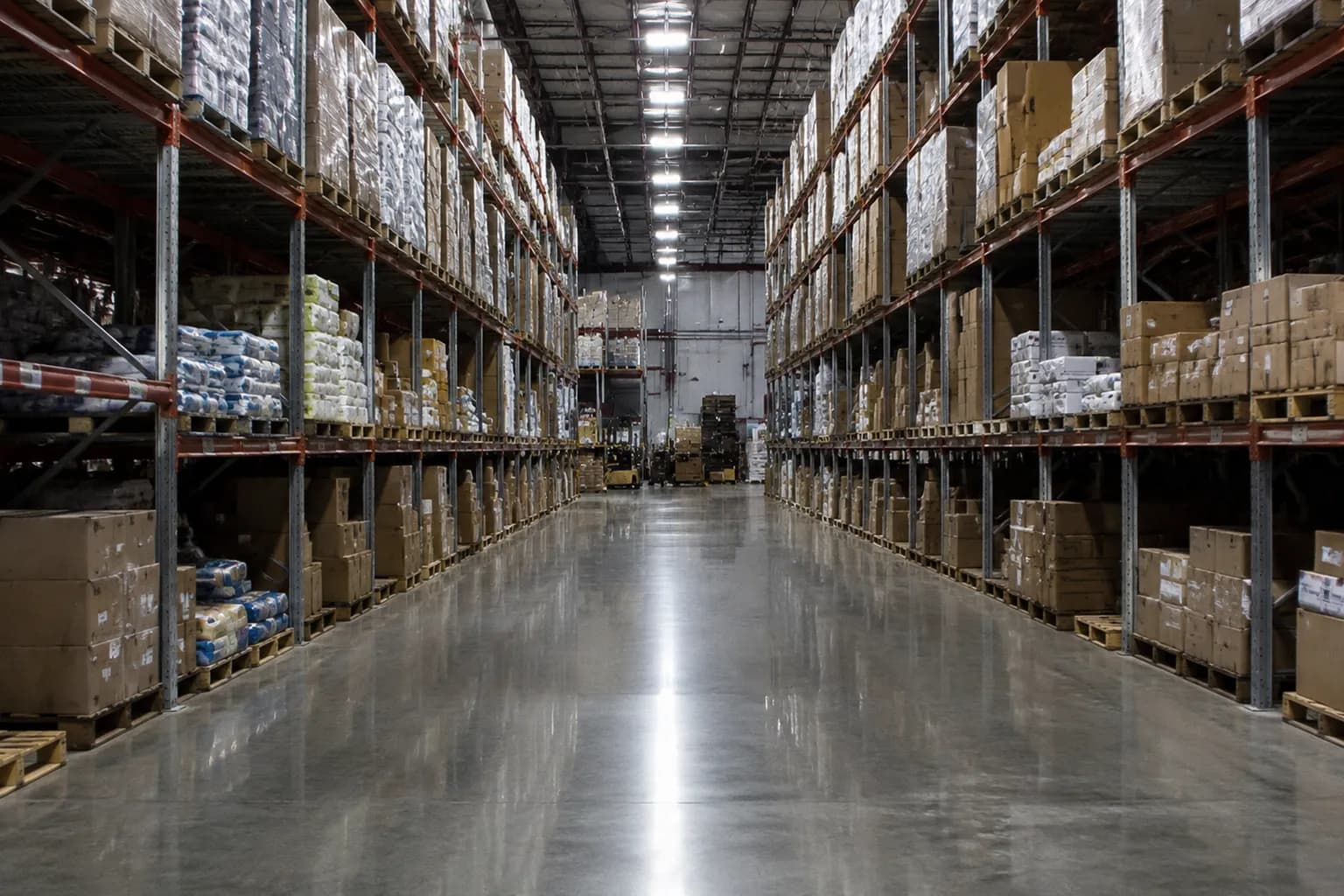 Interior view of warehouse store aisle with high shelves and concrete floor under fluorescent lights
