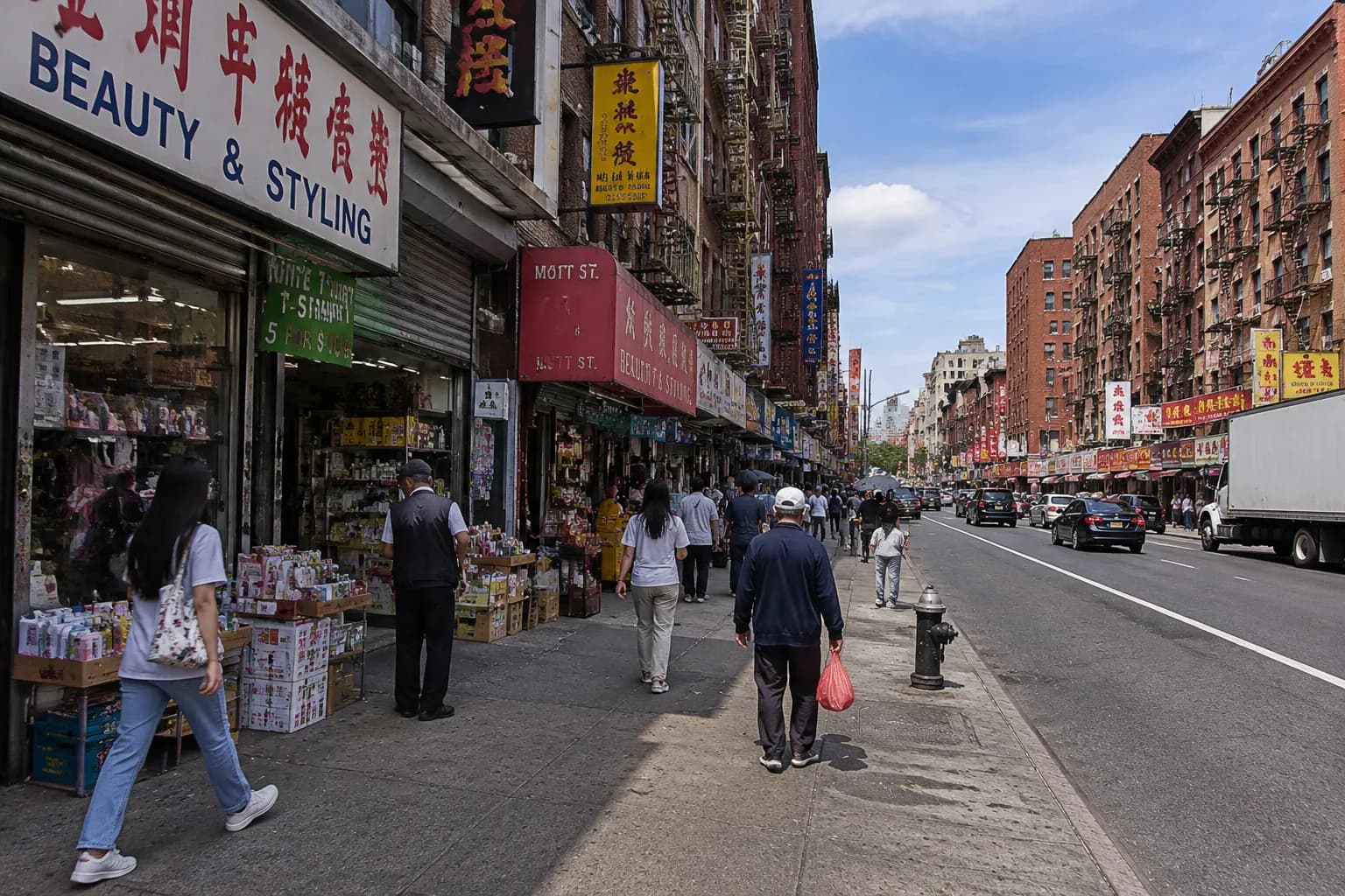 Canal Street storefronts in Chinatown showing small beauty supply shops and pedestrian traffic
