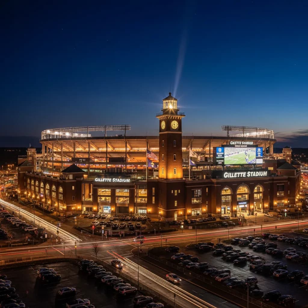 Gillette Stadium in Foxborough blazes with light at night with its lighthouse tower visible