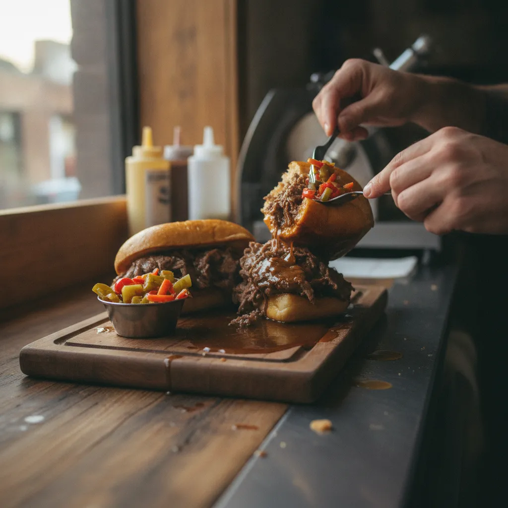 italian beef sandwich near me restaurant table detail in NYC