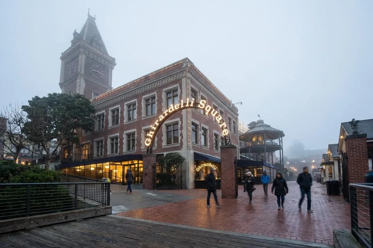 Ghirardelli Square on a foggy San Francisco evening with pedestrians crossing the plaza