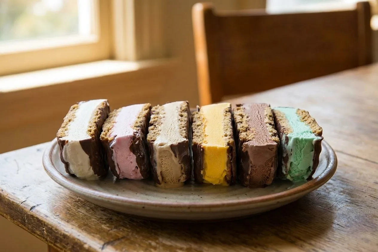 An It's-It ice cream sandwich on a simple plate with a casual San Francisco feel