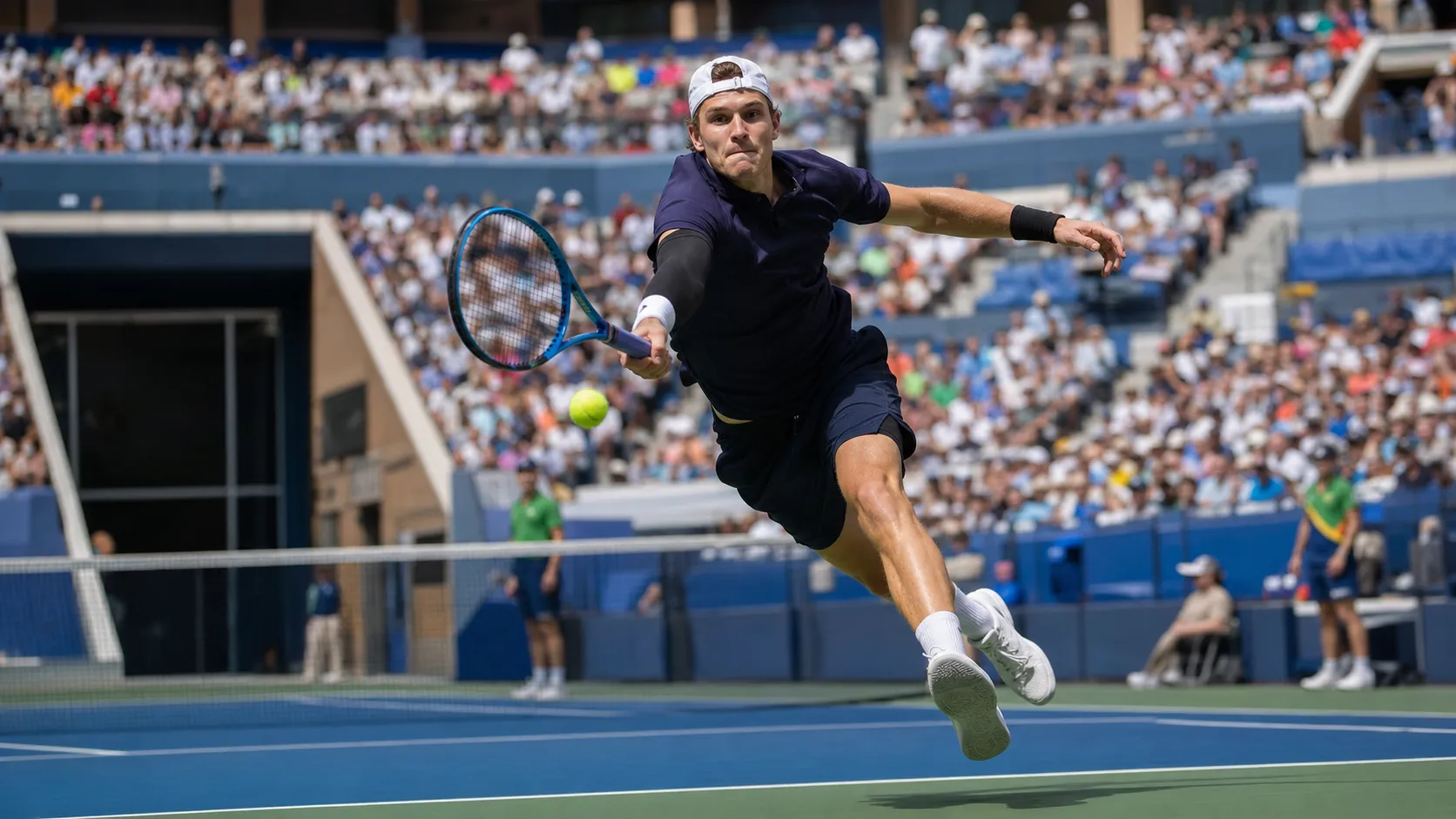 Photorealistic US Open tennis scene for Jack Draper’s Left-Handed Game Could Challenge US Open Favorites.