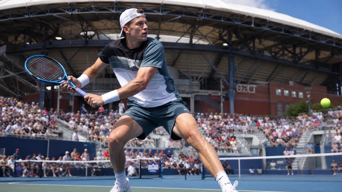 Photorealistic tennis scene illustrating Jack Draper’s Left-Handed Game Could Challenge US Open Favorites.