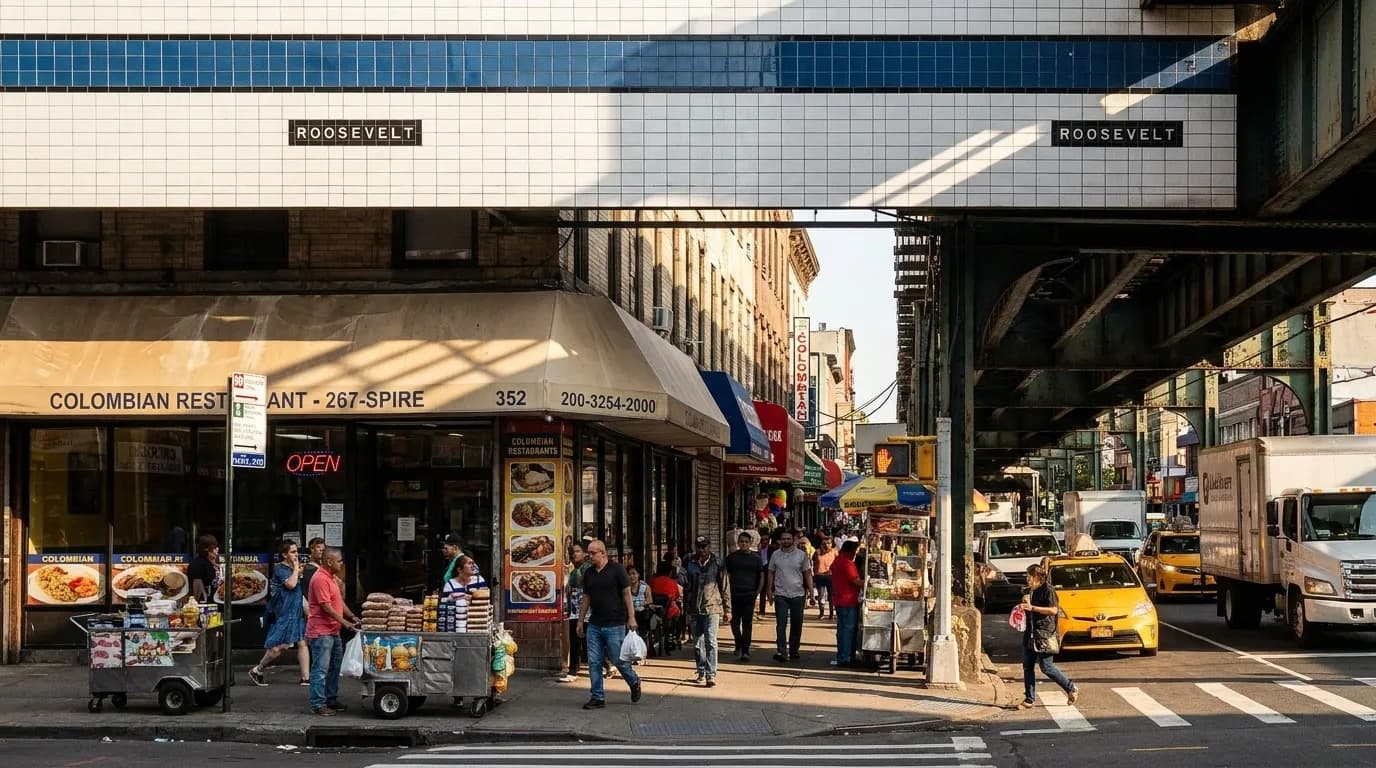 Roosevelt Avenue elevated train tracks over storefronts in Jackson Heights Queens