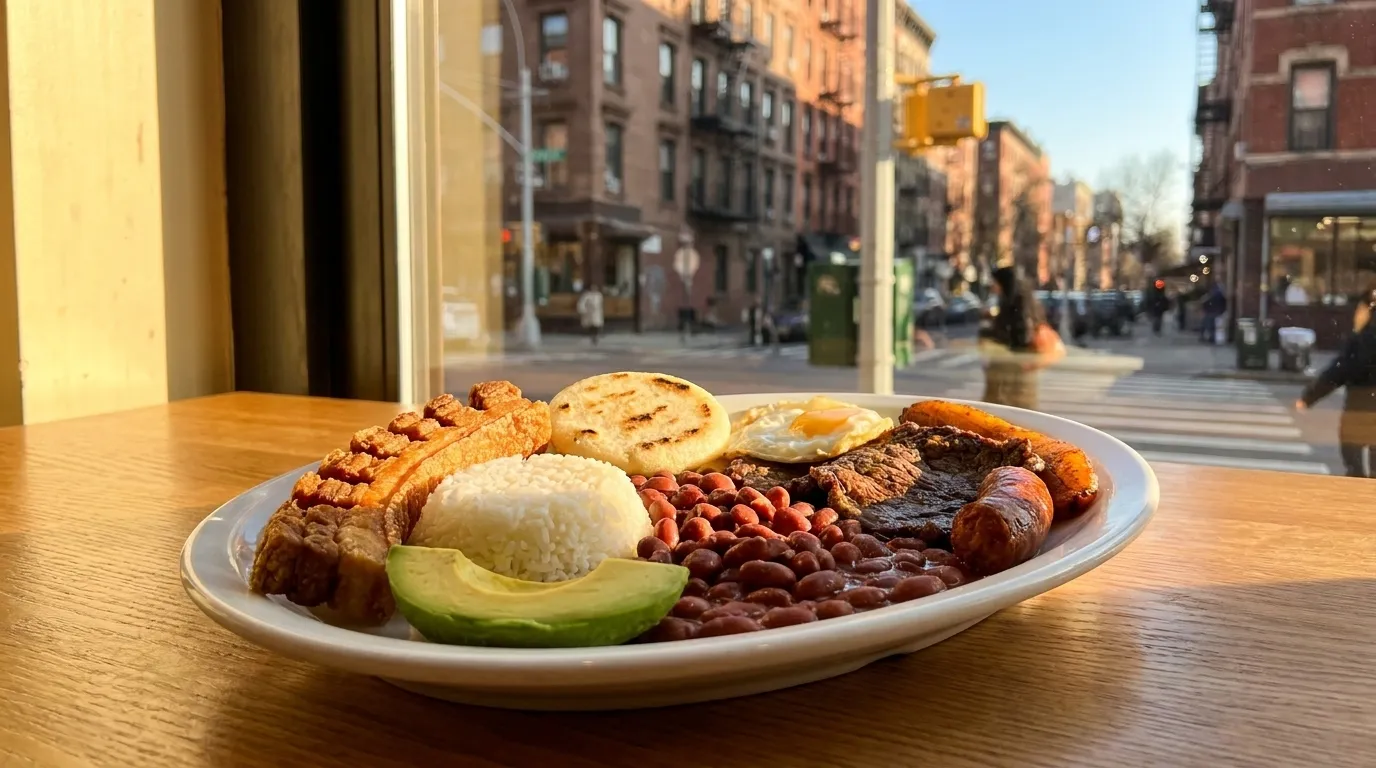 Traditional bandeja paisa platter with rice beans chicharrón and arepa
