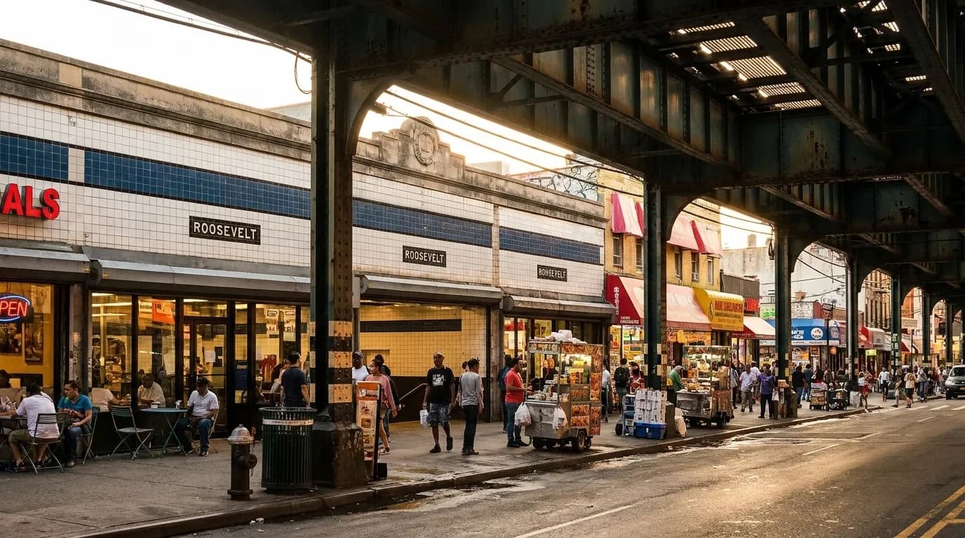 Roosevelt Avenue elevated train tracks and street scene in Jackson Heights